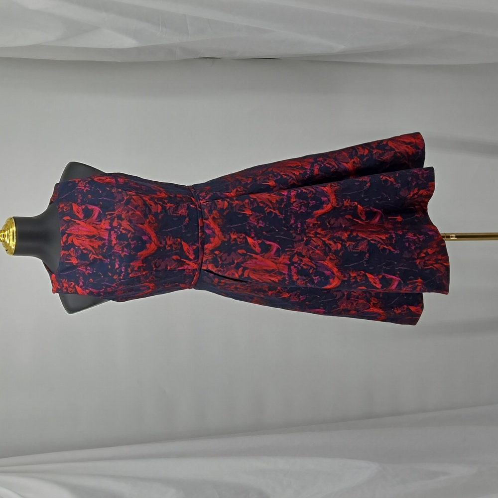 Pamella Roland Red Blue Midi A-line Cocktail Pleated Skirt Boat Neckline Size 6